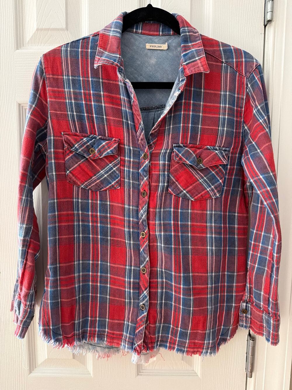 Sneak Peek Distressed Plaid Flannel Button up Red/Blue Frayed Hem Acid Wash